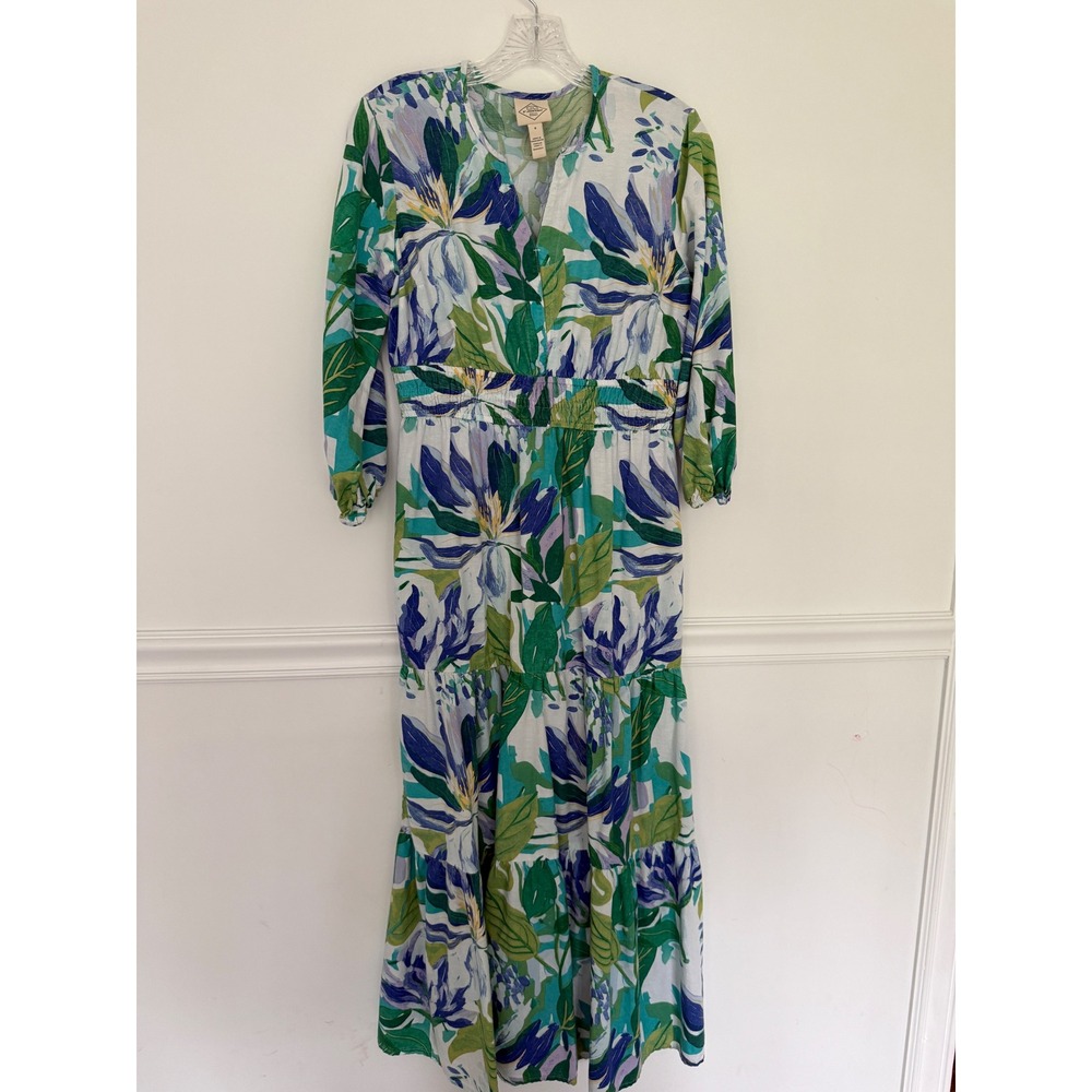 St Johns Bay Floral Maxi Dress Small Green Blue Linen Blend Tiered Smocked Waist